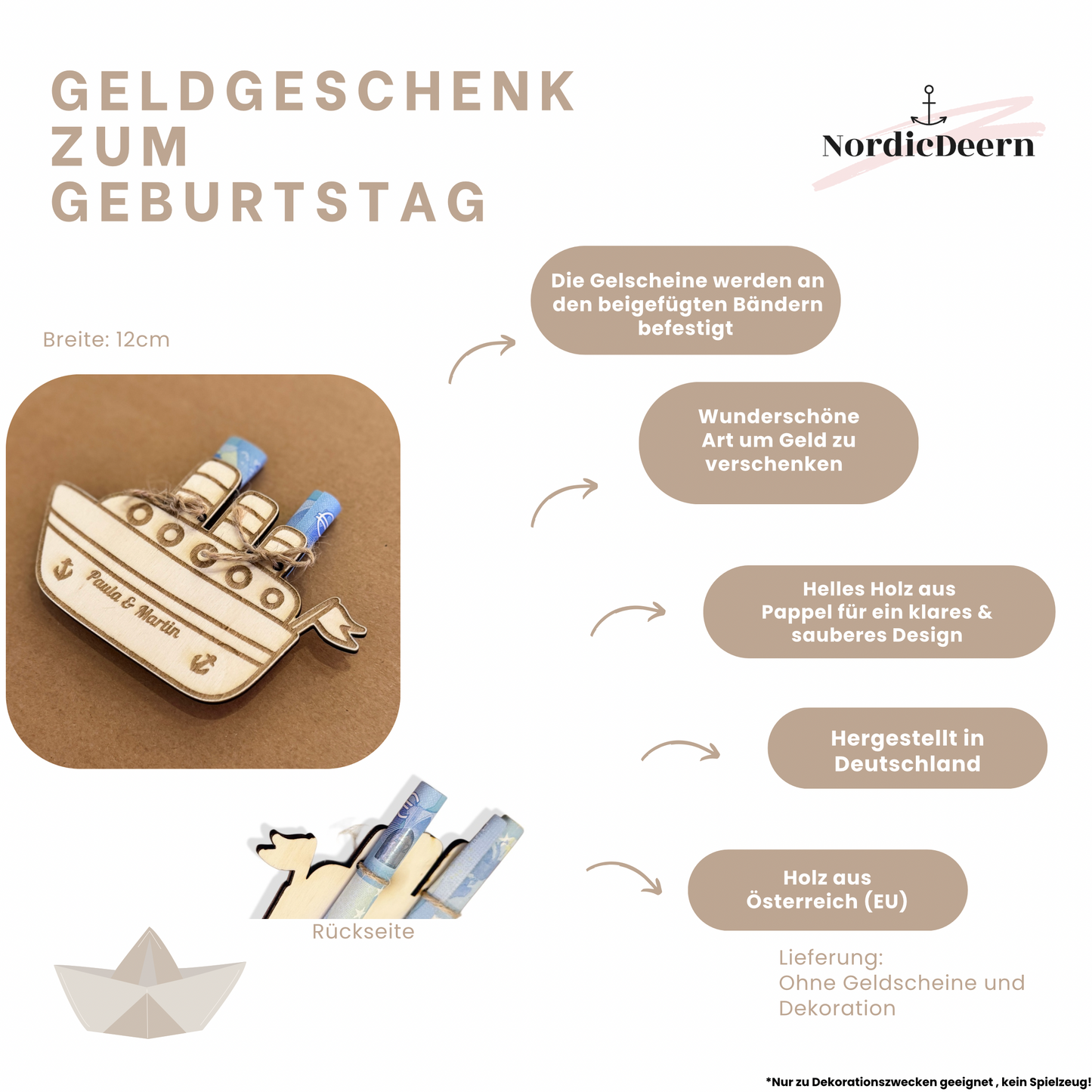 Geldgeschenk Schiff aus Holz – personalisierte Geschenkverpackung für Reisen & Flitterwochen , 12cm