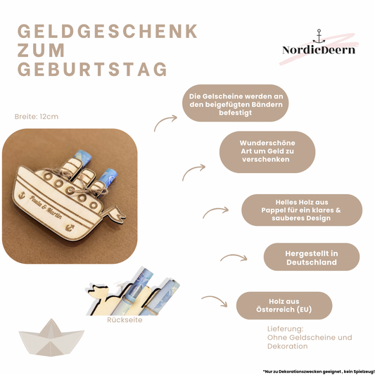 Geldgeschenk Schiff aus Holz – personalisierte Geschenkverpackung für Reisen & Flitterwochen , 12cm