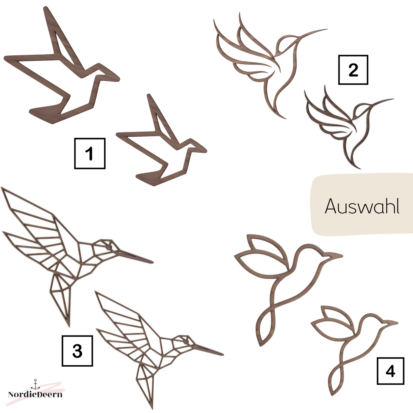 Geometrischer Vogel Dekoration aus Holz, Wanddekoration Kolibri – 2er Set, Vögel Walnuss