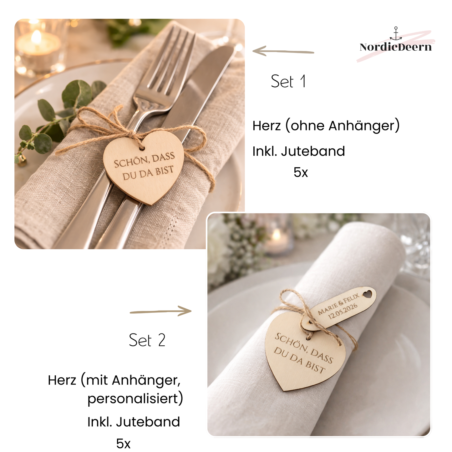 Personalisierter Holz Anhänger Herz zur Hochzeit – „Schön, dass Du da bist“ – Tischdekoration & Gastgeschenk – 5er Set Serviettenanhänger