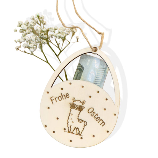 Alpaka Geldgeschenk zu Ostern , kleines Ostergeschenk für Erwachsene, Verpackung aus Holz, Lama