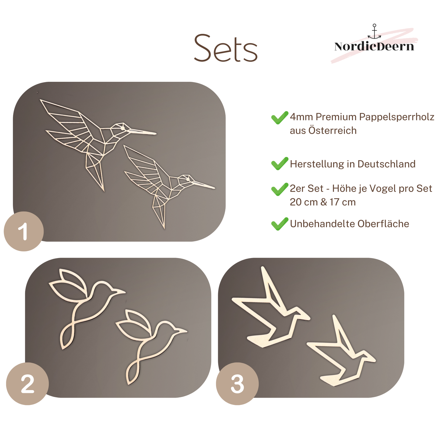 Vogel Wanddekoration aus Holz – 2er Set, Line Art Vögel