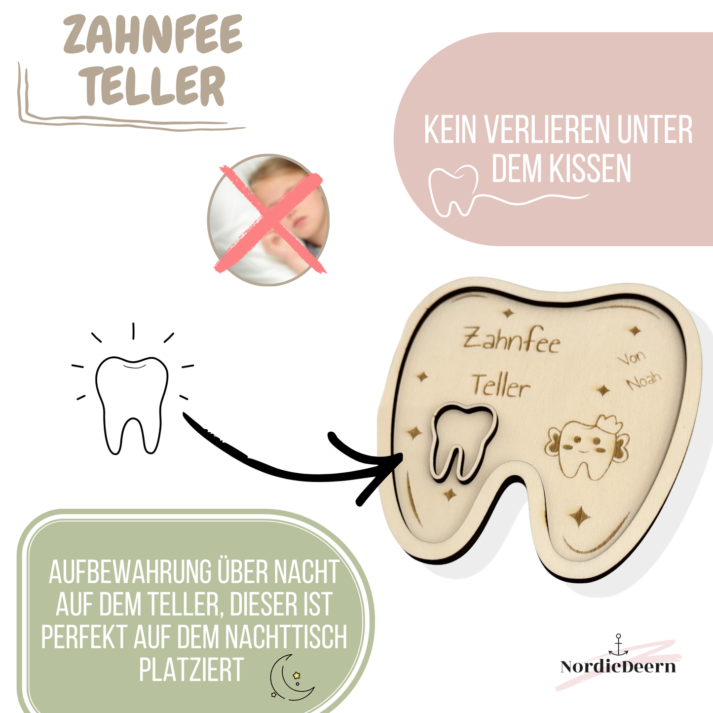 Zahnfee Teller aus Holz – mit Name | Rund oder Zahnform | Süßes  Zahnmotiv | Wiederverwendbarer Milchzahn Tablett für Kinder