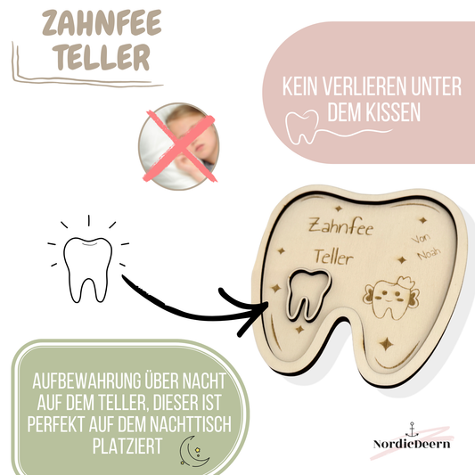 Zahnfee Teller aus Holz – mit Name | Rund oder Zahnform | Süßes  Zahnmotiv | Wiederverwendbarer Milchzahn Tablett für Kinder