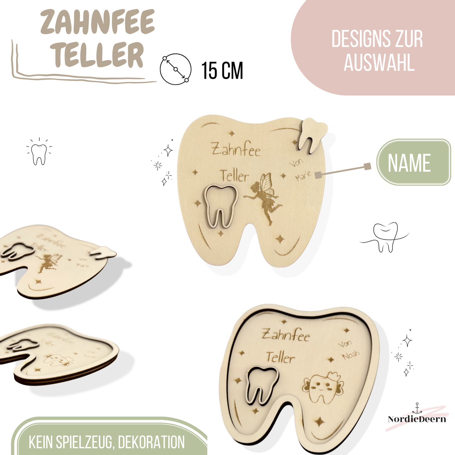Zahnfee Teller aus Holz – mit Name | Rund oder Zahnform | Süßes  Zahnmotiv | Wiederverwendbarer Milchzahn Tablett für Kinder