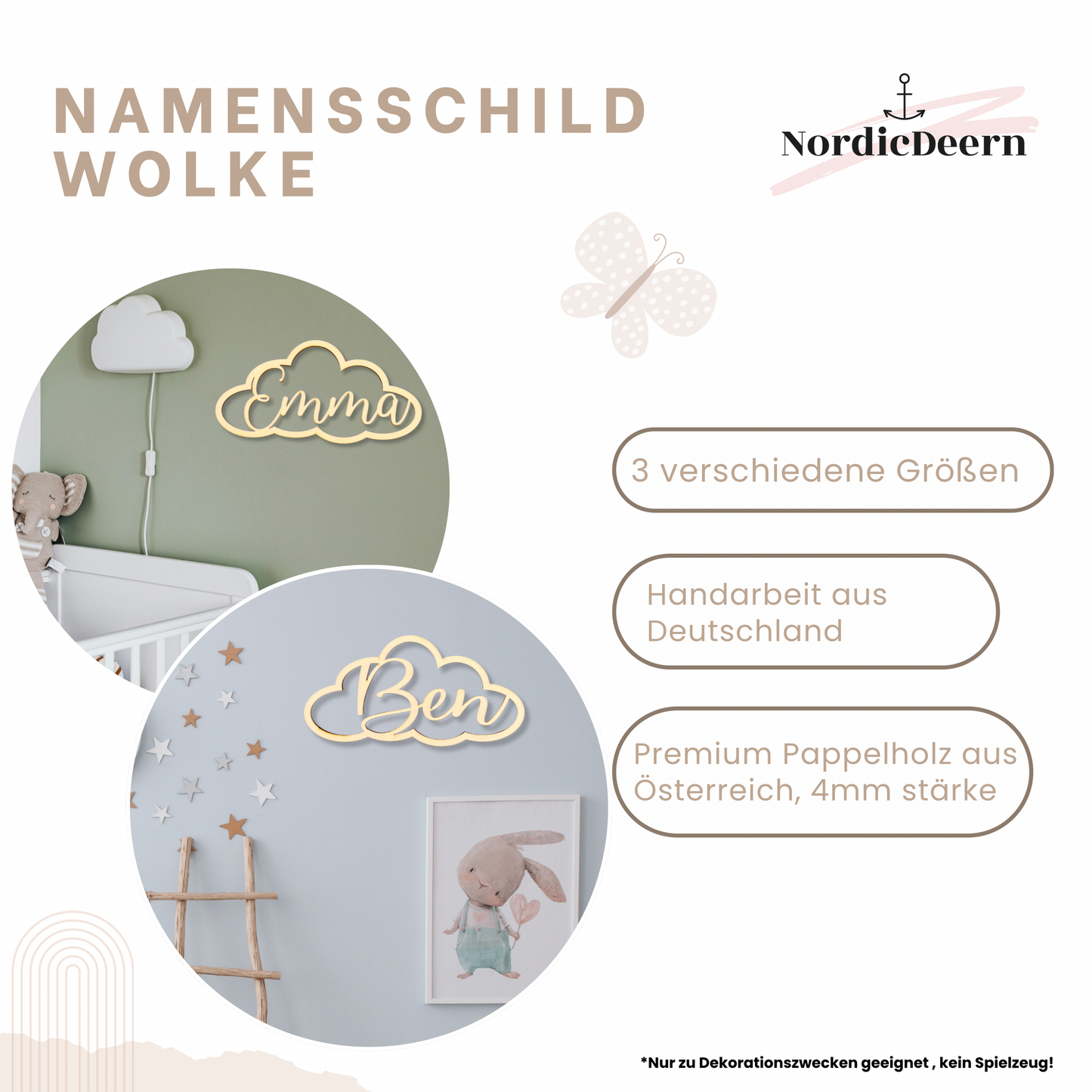 Schriftzug Personalisierte Holz-Wolke mit Namen – individuelle Wanddeko aus Holz für Baby- & Kinderzimmer | NordicDeern