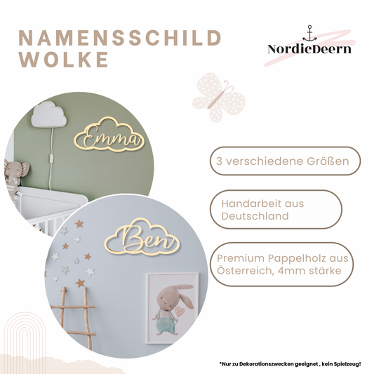Schriftzug Personalisierte Holz-Wolke mit Namen – individuelle Wanddeko aus Holz für Baby- & Kinderzimmer | NordicDeern