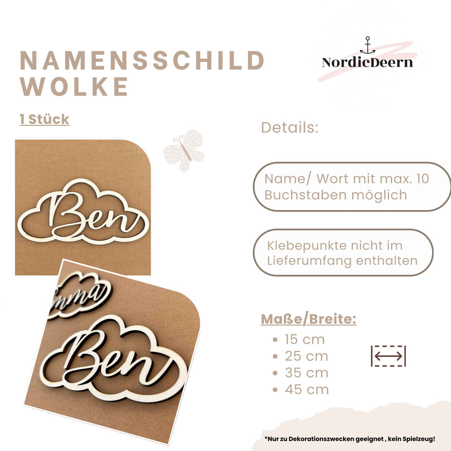 Schriftzug Personalisierte Holz-Wolke mit Namen – individuelle Wanddeko aus Holz für Baby- & Kinderzimmer | NordicDeern