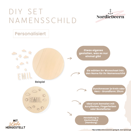 Namensschild selber basteln, DIY Holzschild personalisiert zum selber gestalten, 25cm , Kreis oder Herz