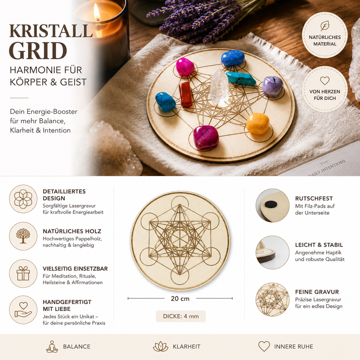 Kristall Grid Holz Ø 20 cm – Crystal Grid für Heilsteine, Meditation & Rituale - Edelstein Zubehör
