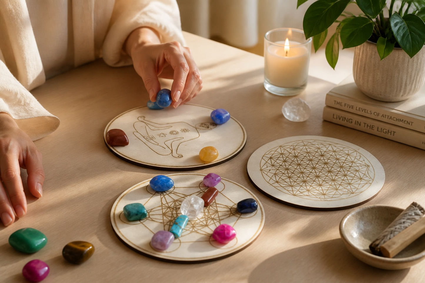 Kristall Grid Holz Ø 20 cm – Crystal Grid für Heilsteine, Meditation & Rituale - Edelstein Zubehör