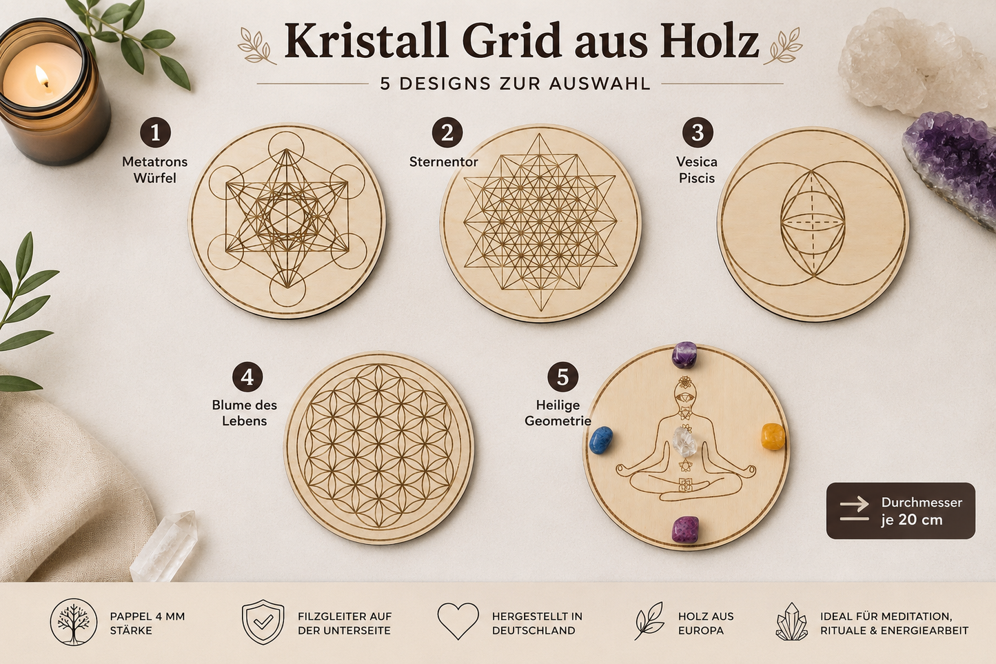 Kristall Grid aus Holz mit Heilsteinen während Meditation und Energiearbeit