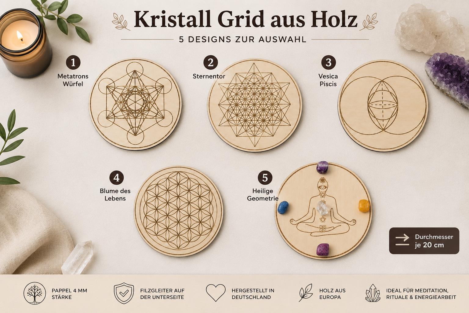 Kristall Grid aus Holz mit Heilsteinen während Meditation und Energiearbeit