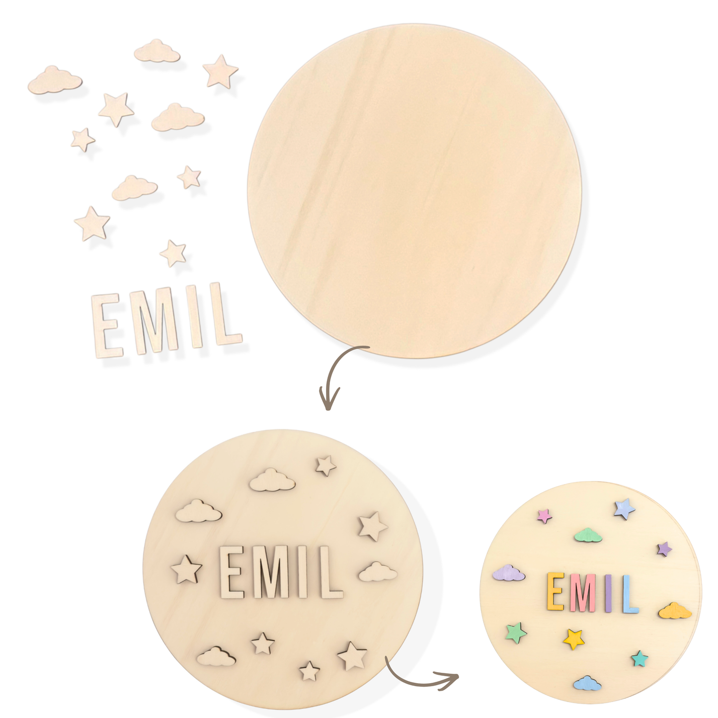 Namensschild selber basteln, DIY Holzschild personalisiert zum selber gestalten, 25cm , Kreis oder Herz